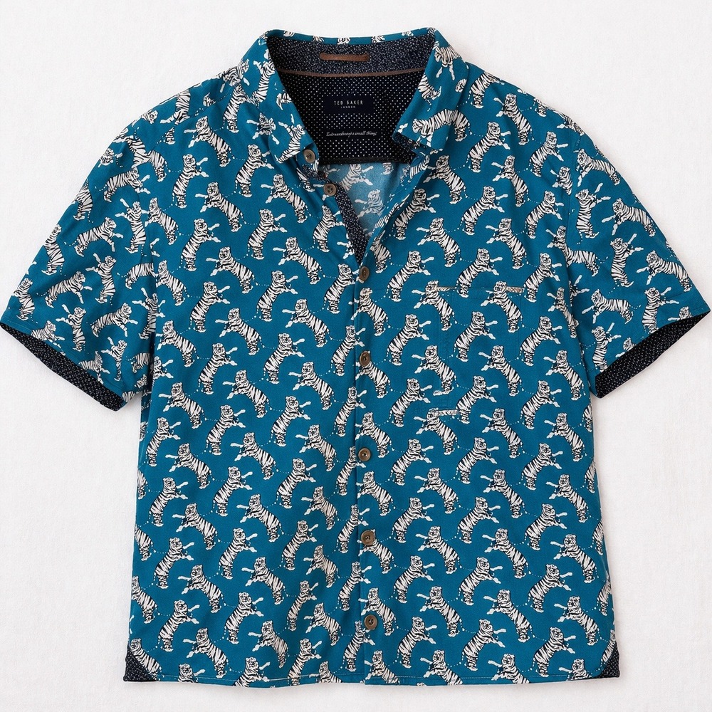 Ted‎ Baker London Men Tiger Print Short Sleeve Button Down Teal Blue 4 cotton